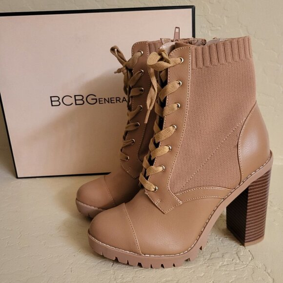 BCBGeneration Shoes - BCBGeneration Women's Brown 1-1/2" Platform Stretch Pila zip up boots Sz 7.5 NIB